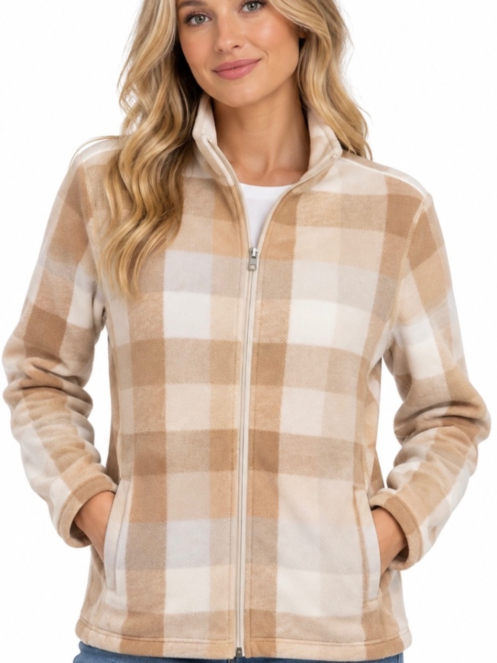 Lands End tan and white, plaid full-zip fleece jacket.